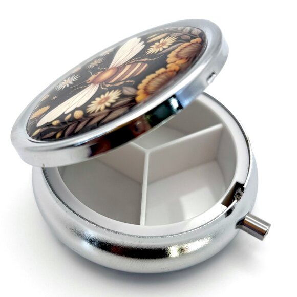 Black Gold Boho Night Botanical Floral Bee Daisies Purse Decorative Pill Box New - Picture 2 of 3